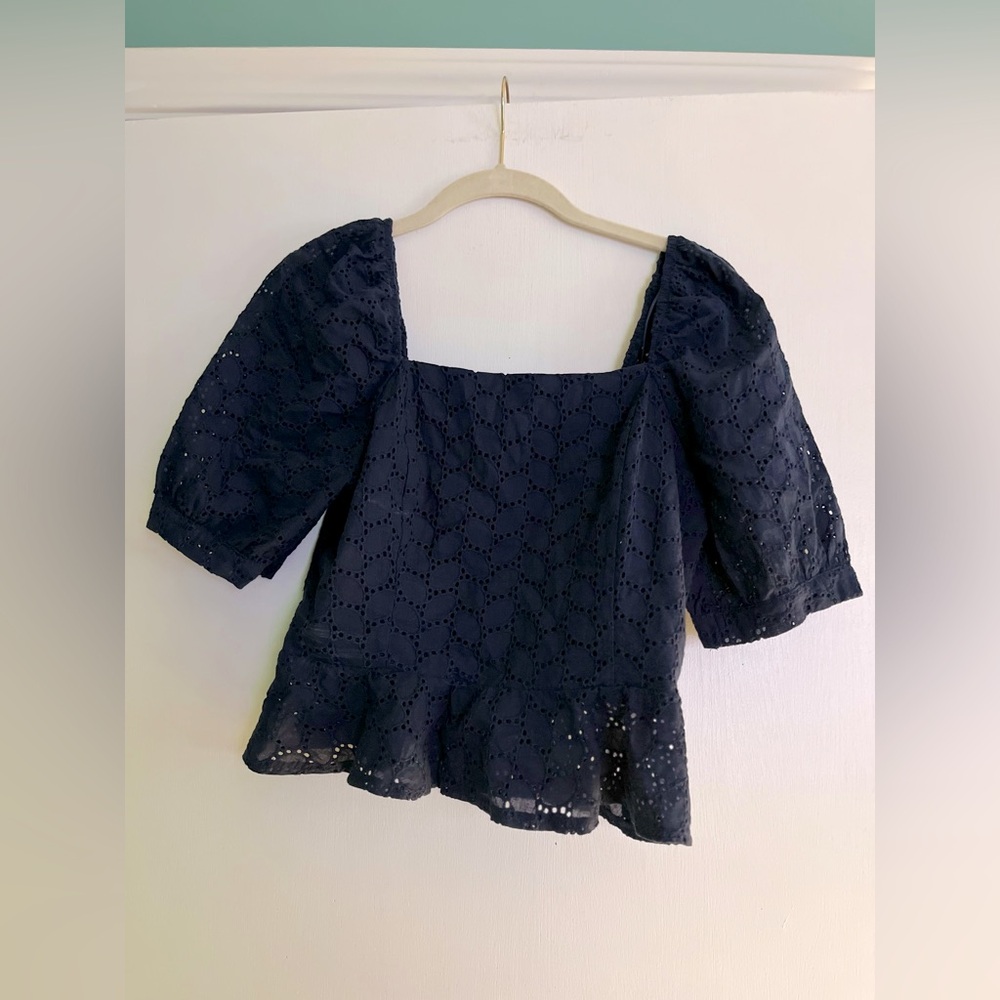 Square-Neck Navy Eyelet Peplum Blouse